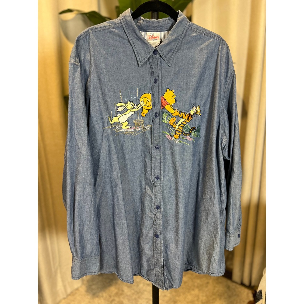Vintage Disney Store Winnie the Pooh Tigger Rabbit Embroidered Denim Shirt XXL